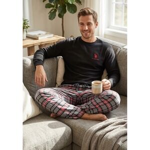 U.S. Polo Assn. Men's Plaid Pajama Set Black Gray Red S Long Sleeve Drawstring